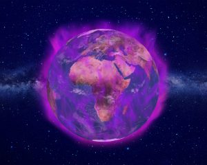 Shows planet earth enveloped in violet flame