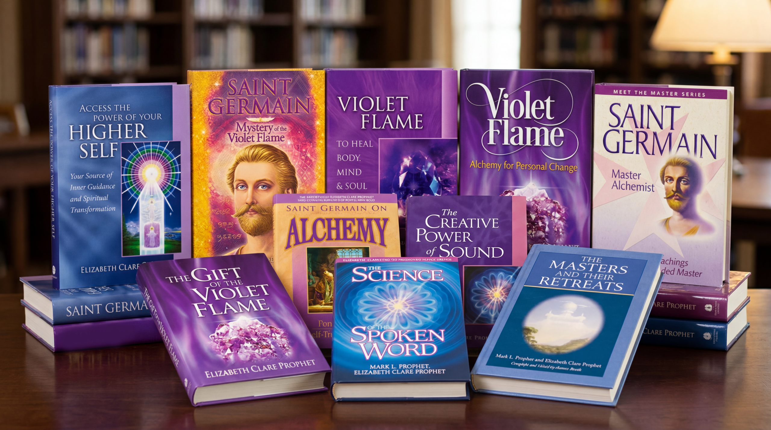 A collection of essential books and violet flame resources for spiritual study.